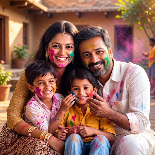 Vibrant Holi Family Photo Prompt – Colorful Courtyard Shot