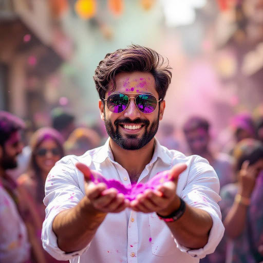 Vibrant Holi Portrait: Man in White Shirt with Purple Powder
