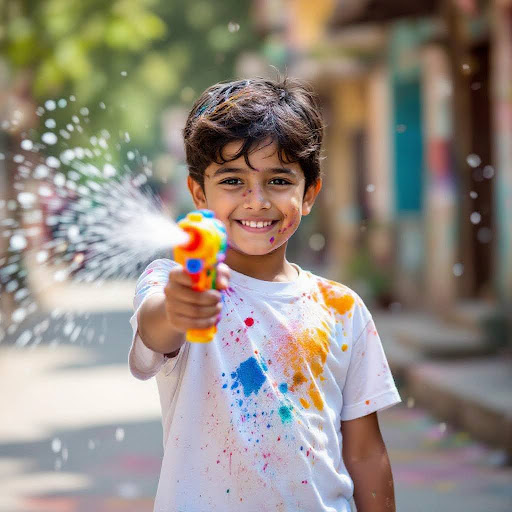 Vibrant Holi Water‑Gun Splash Photo of Boy