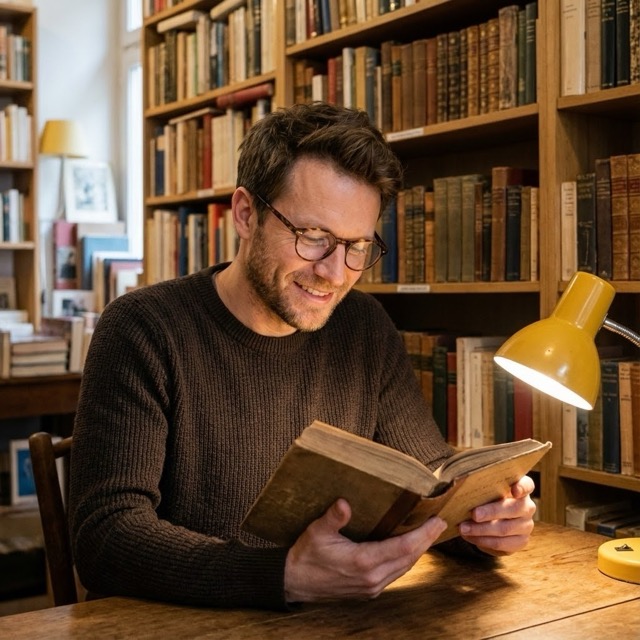 Vintage Bookstore Portrait with Warm Lighting