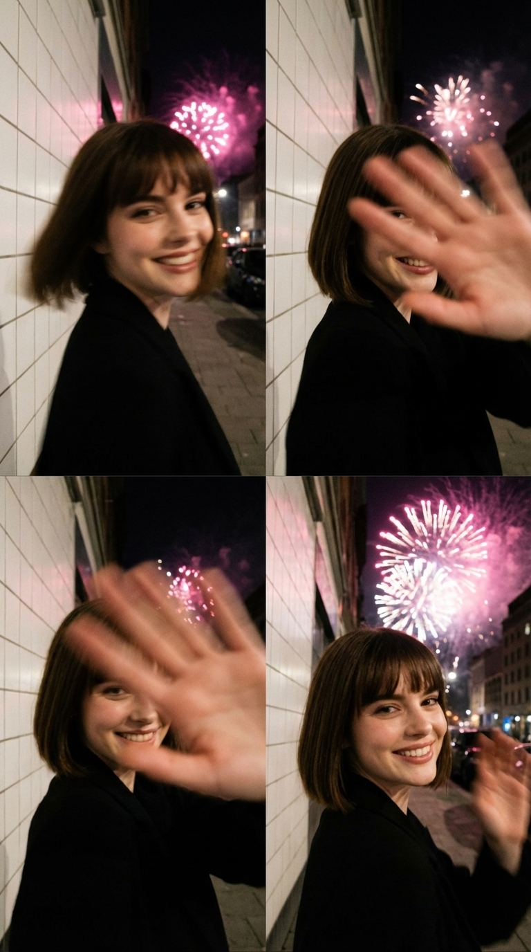 Vintage Digicam Portrait with Fireworks Night City Street