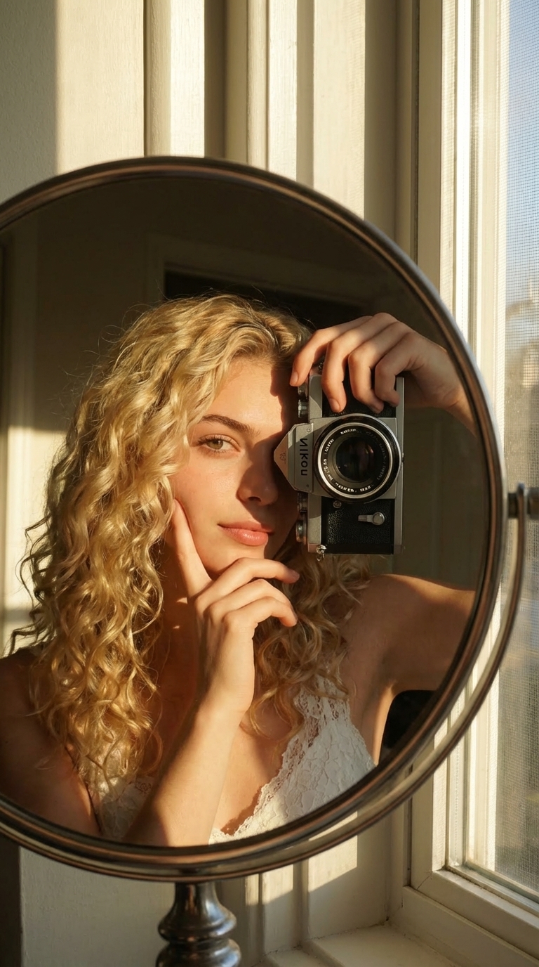 Vintage Mirror Self-Portrait with Analog Camera in Sunlit Room