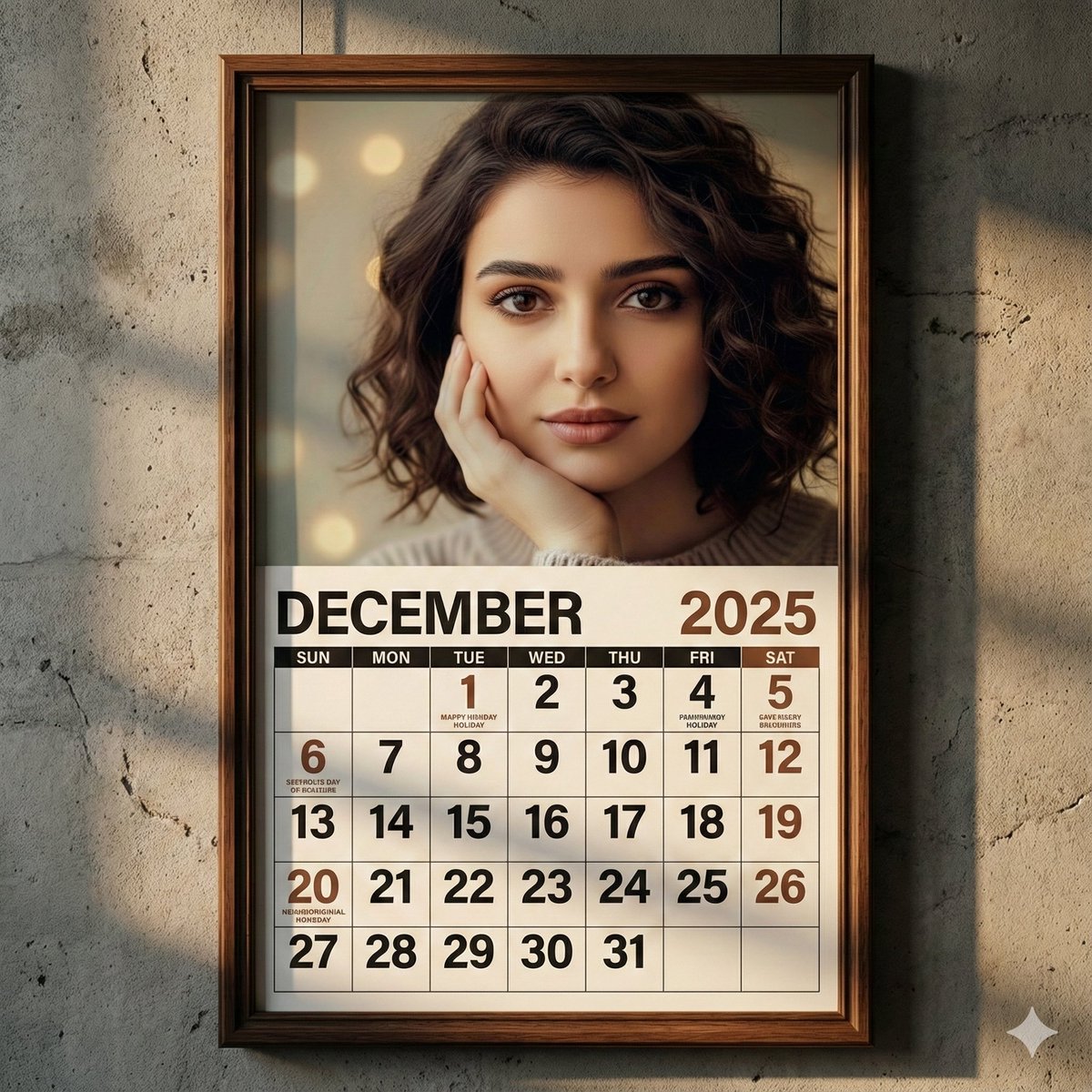 Warm Wooden Wall Calendar with Portrait – Dec 2025