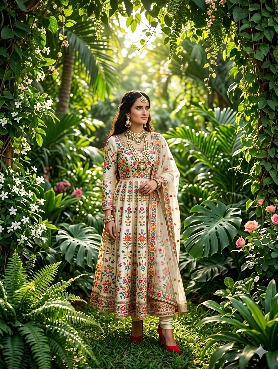 Woman in Floral Anarkali Suit in Tropical Garden Portrait