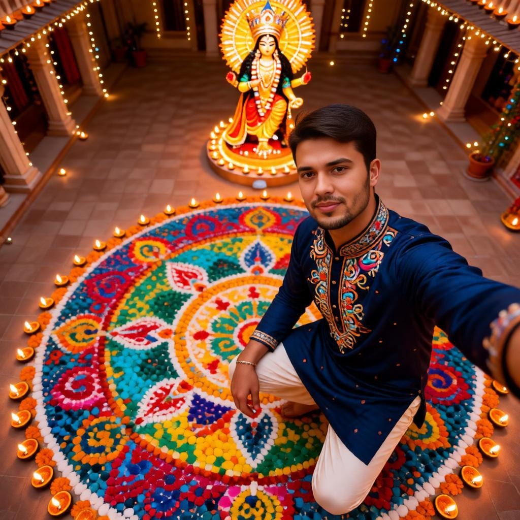 Young Indian Man Selfie with Navratri Rangoli