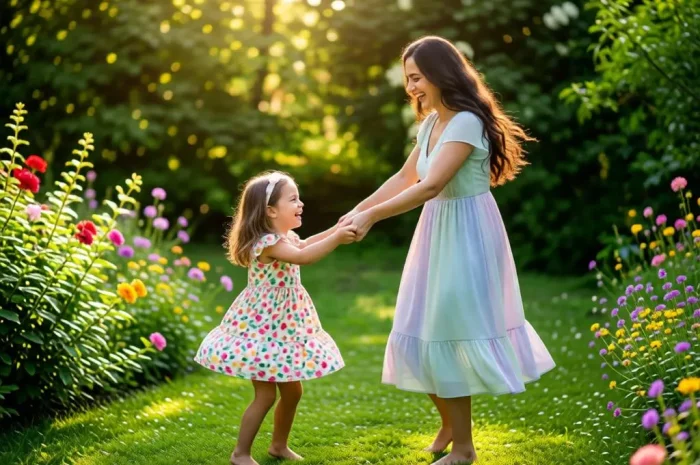 Young Mom & Daughter Playing in Garden — Realistic 4K