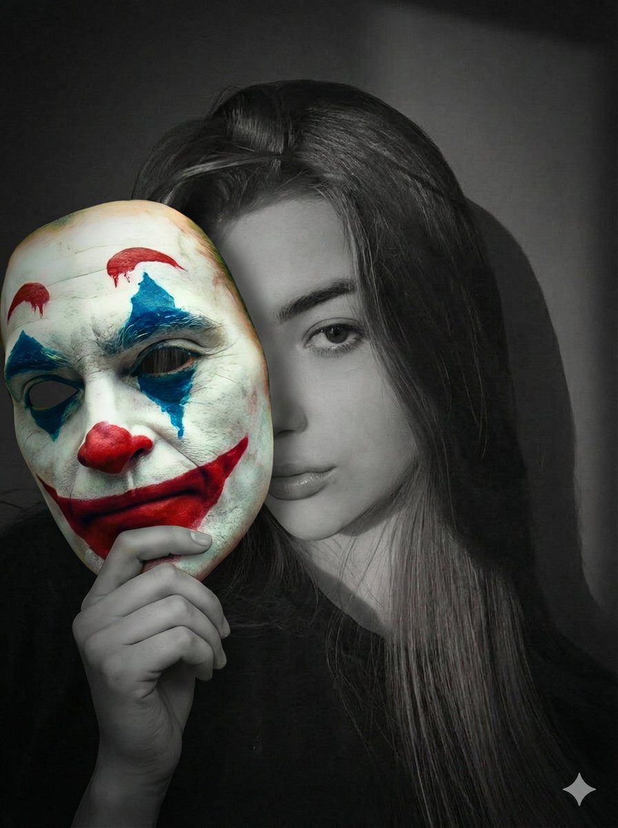 AI Prompt for Cinematic Grayscale Portraits with Colorful Clown Masks