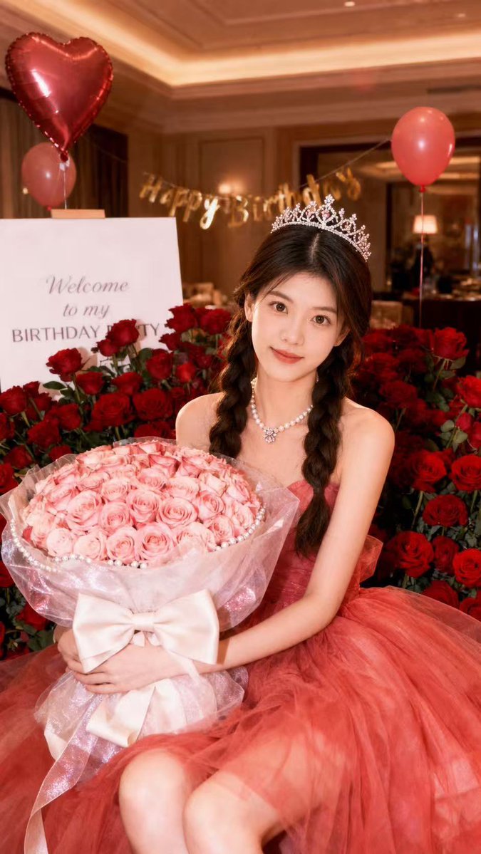 AI Prompt for Dreamy Birthday Princess Portrait with Floral Dress and Roses