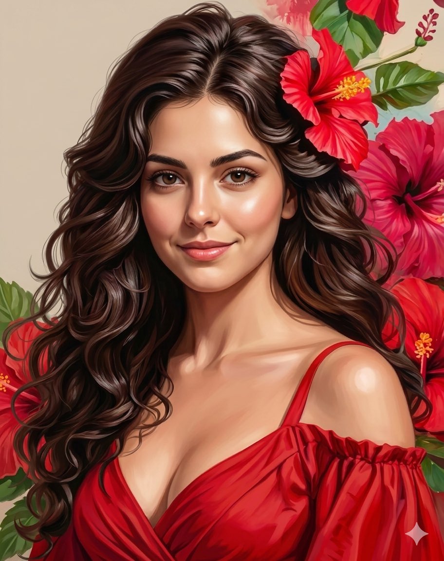 AI Prompt for Hyper-Realistic Digital Portrait with Voluminous Hair and Red Hibiscus Flowers
