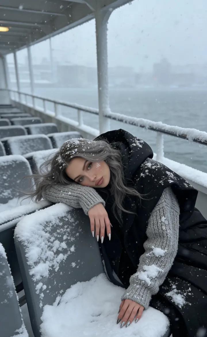 AI Prompt for Serene Winter Portrait with Grey Hair and Snowy Ferry Landscape