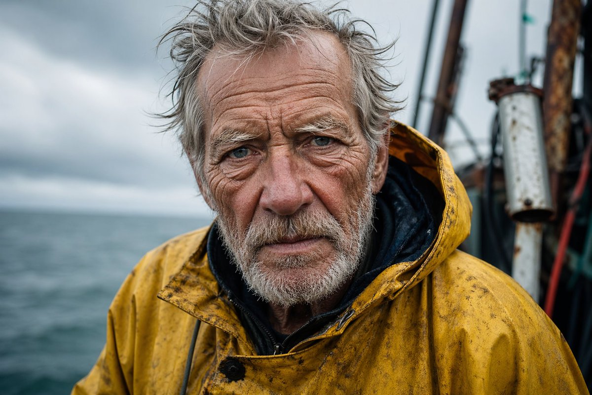 AI Portrait Prompt: Detailed Elderly Fisherman Portrait for Realistic Skin Textures and Dramatic Lighting