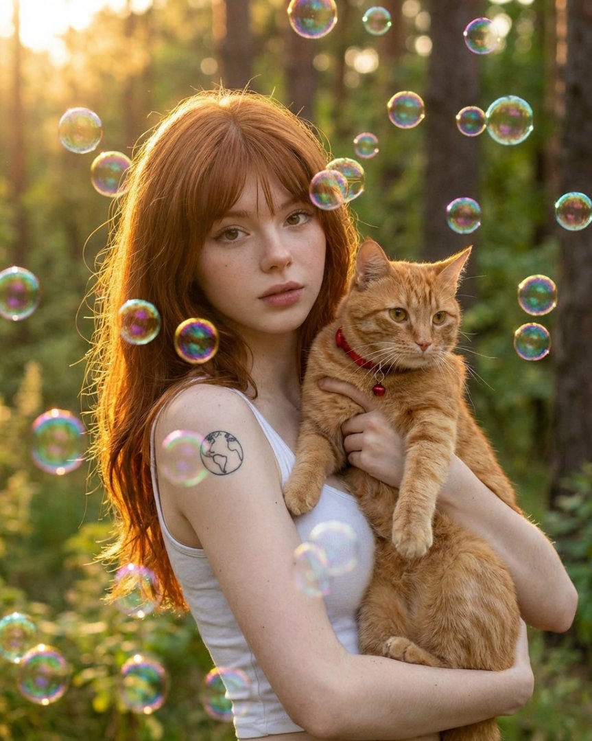 AI Prompt for Dreamy Golden Hour Portrait with Cat and Soap Bubbles