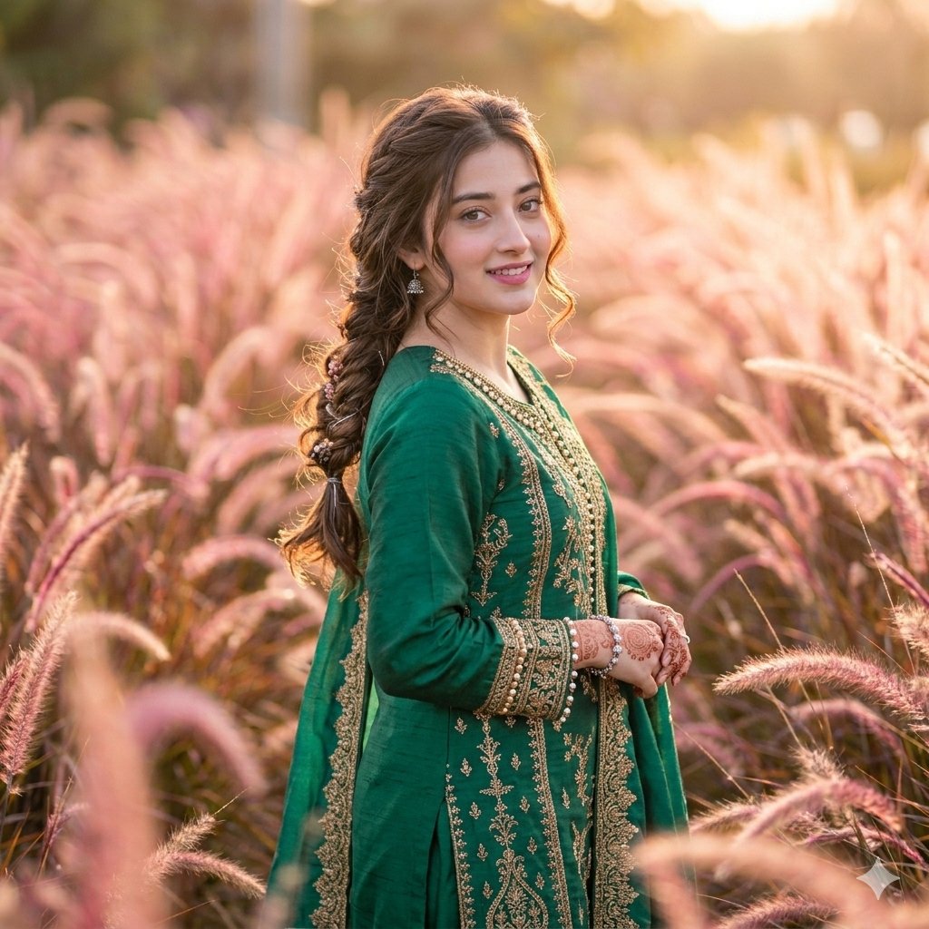 AI Prompt for Dreamy Golden Hour Portrait with Influencer in a Fountain Grass Field