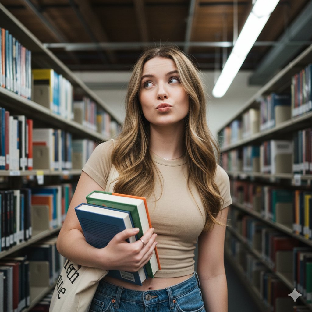 AI Prompt for Playful Photo-realistic Library Portrait with Books