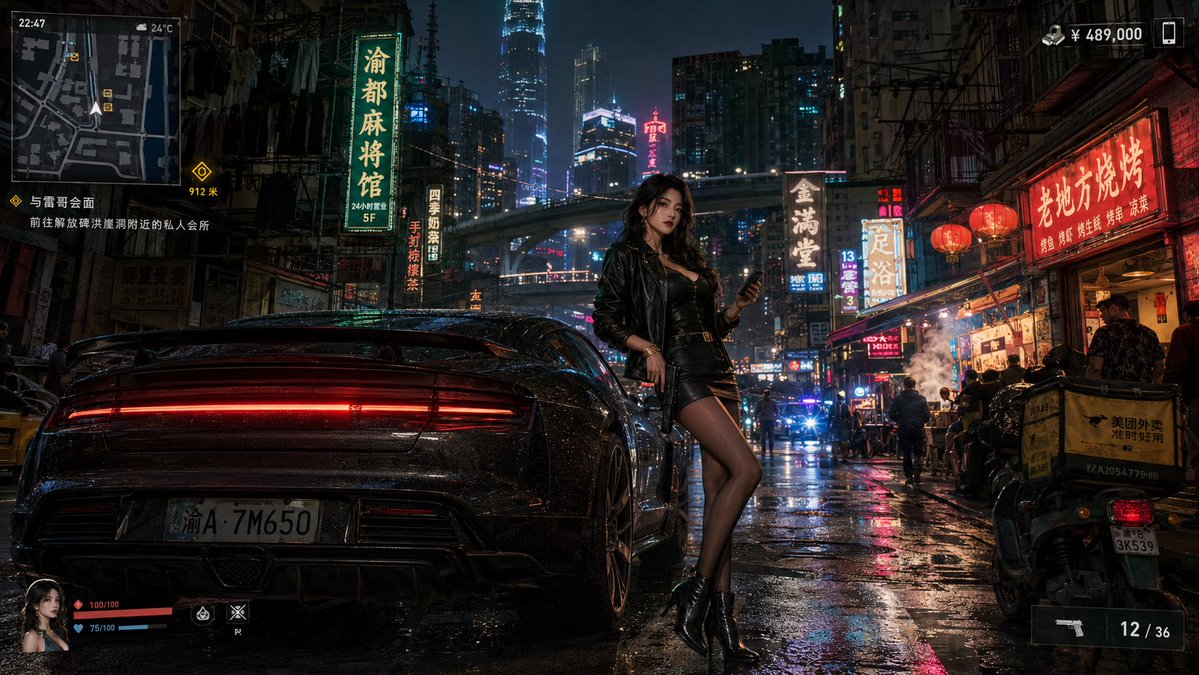 AI Prompt for Cyberpunk Street Scene with Sports Car and HUD