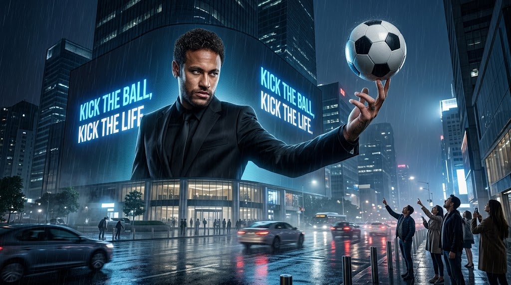 Cyberpunk Billboard Giant Holding Football in Rain