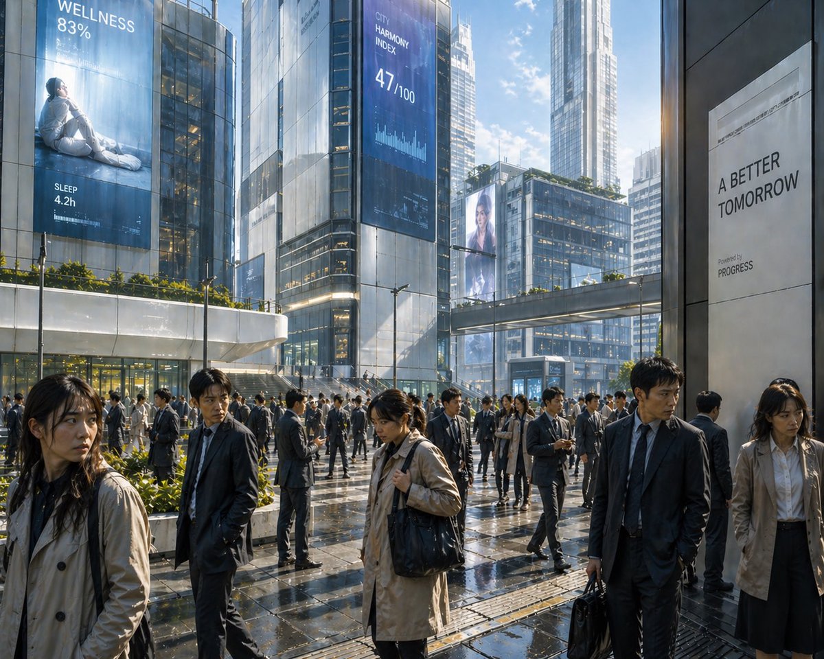 Futuristic Corporate Plaza Dystopian Utopian Scene