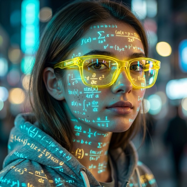 Futuristic Woman with Neon Holographic Math Glasses