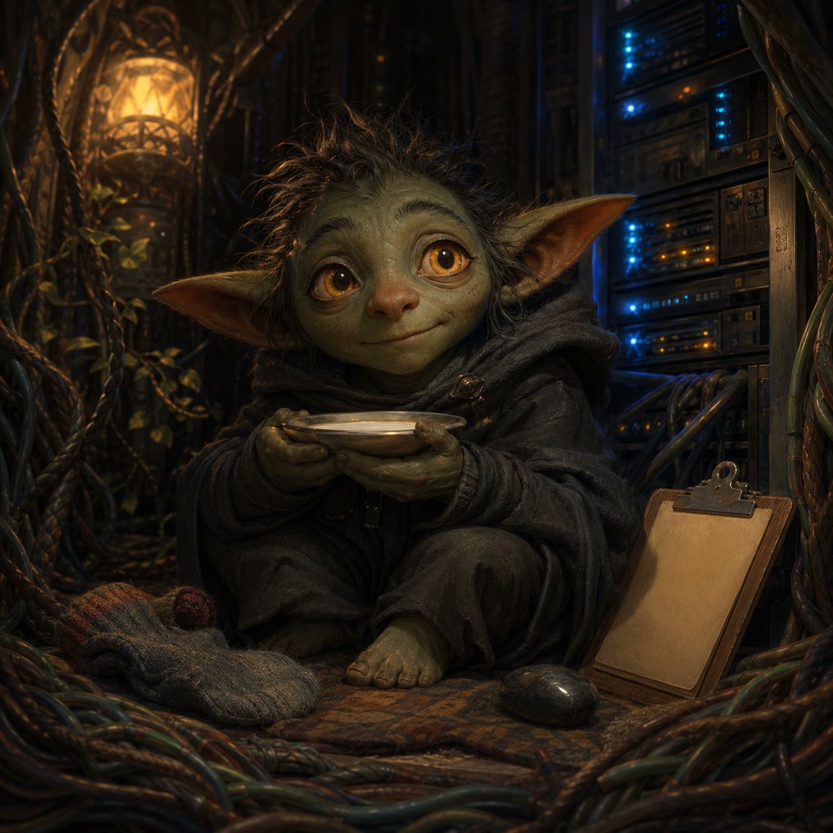 Goblin Creature in Overgrown Server Room with Milk