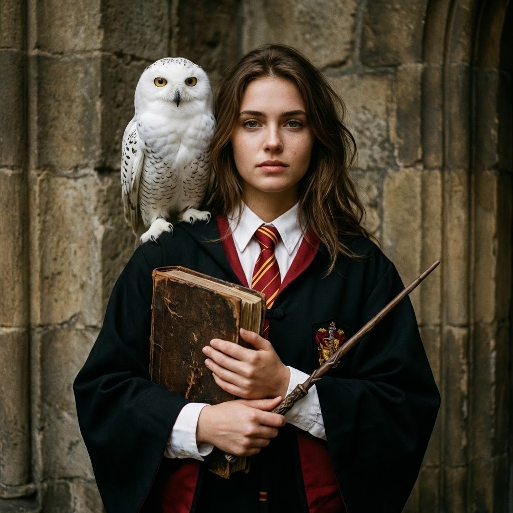 Hogwarts Girl Portrait with Magic Wand and Owl