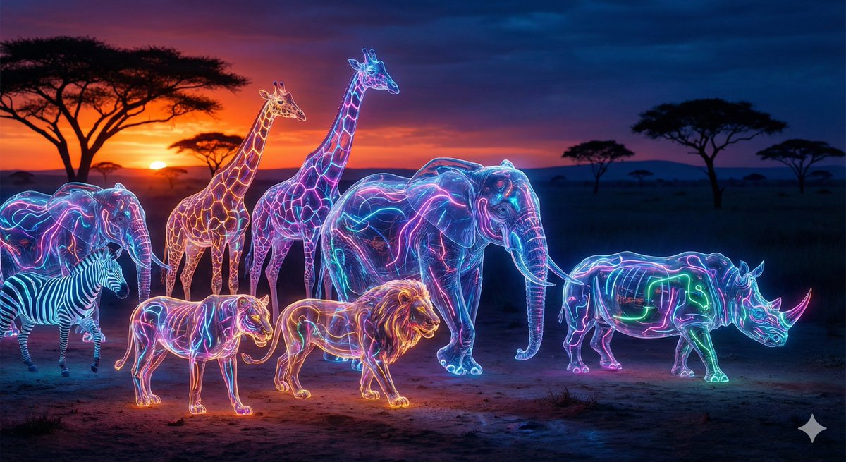 Neon Glass Animals on African Savannah at Twilight