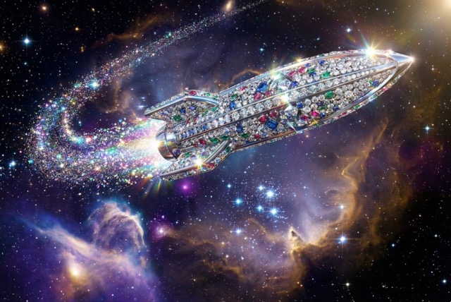 Sleek Space Rocket with Gemstone Facets and Hologram Lights