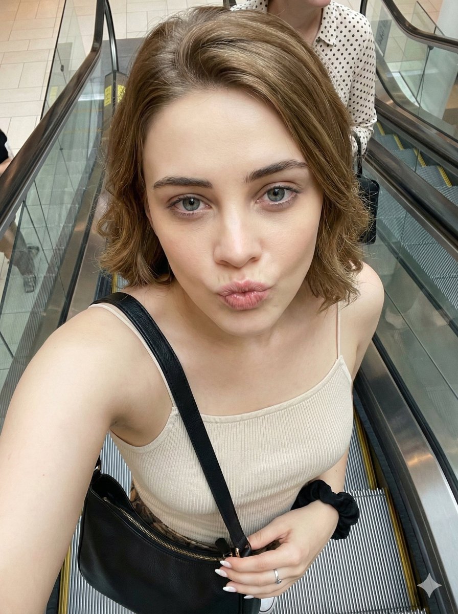 AI Prompt for Generating Cartoonish Duck Face Photos of Women on Escalators for Social Media Posts