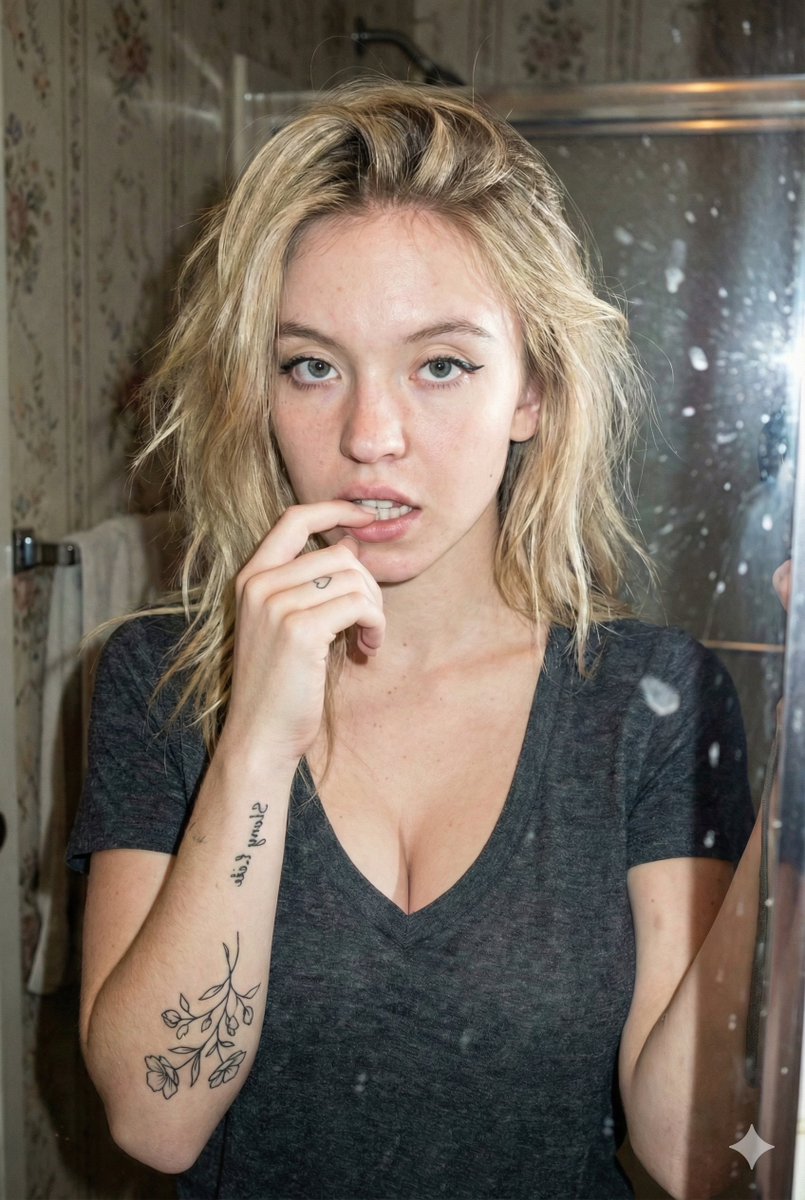AI Prompt for Raw Grungy Selfie with Tattoos and Cluttered Bathroom