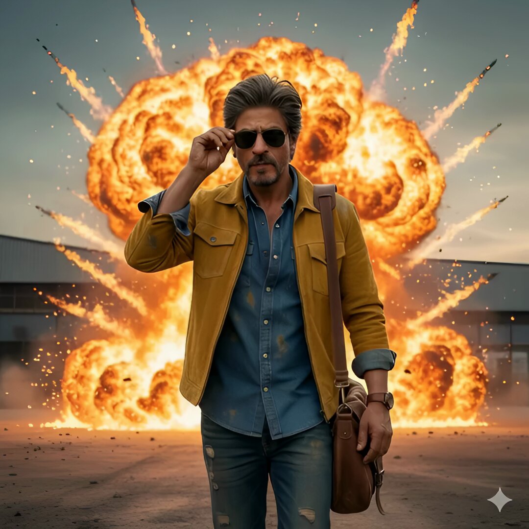 AI Prompt for SRK Alpha Pose Explosion Photomanipulation Image