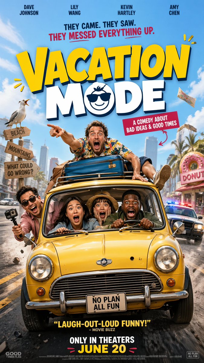 AI Prompt for Chaotic Comedy Poster with Vehicles and Groups