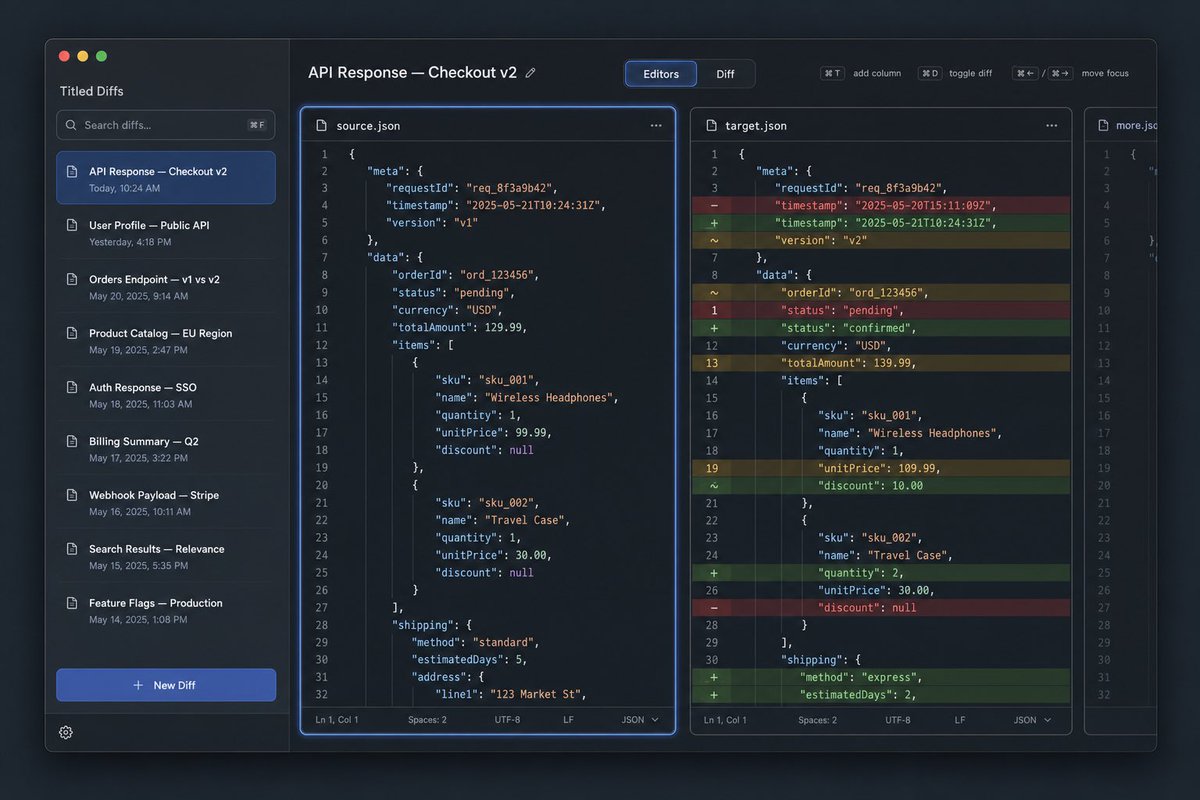 AI Prompt for Dark Mode UI Mockup with JSON API Diff