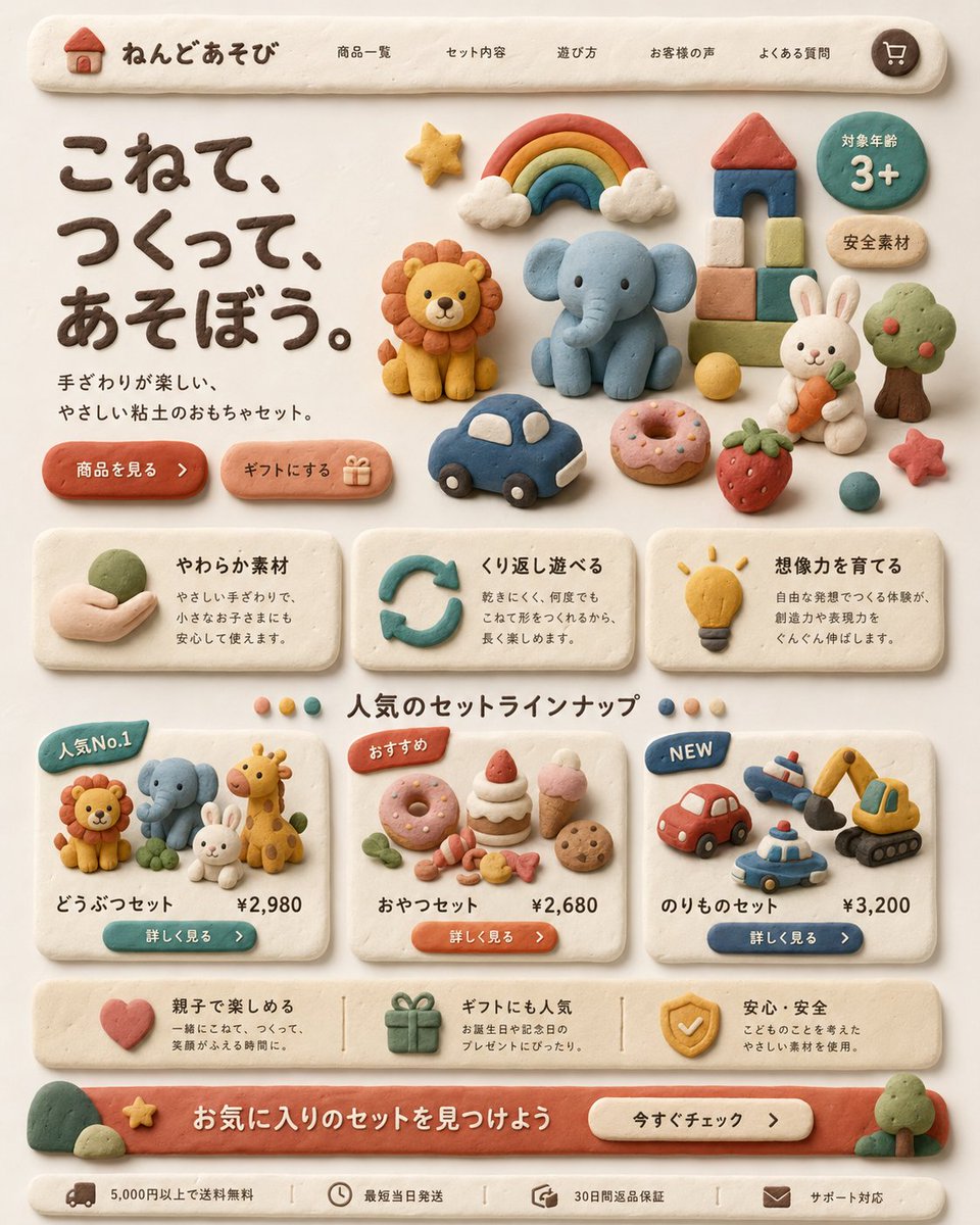 AI Prompt for E-commerce Landing Page Design - Handcrafted Clay UI for Kids Toy Brand