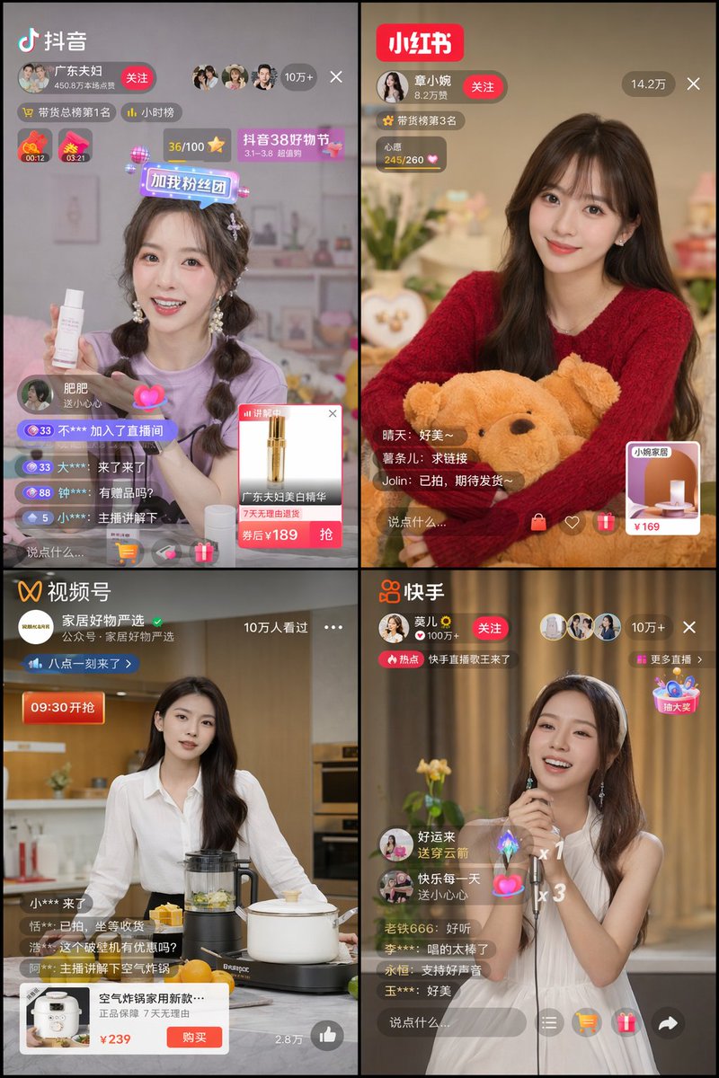AI Prompt: Generate a 4-Panel Live Streaming App UI Mockup with E-commerce UI Overlays
