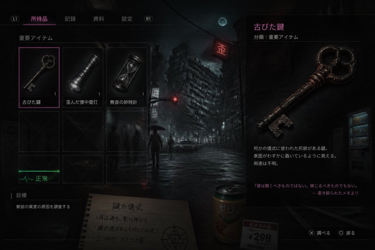 AI Prompt: Japanese Horror Game Inventory Screen for Retro Gaming Concepts