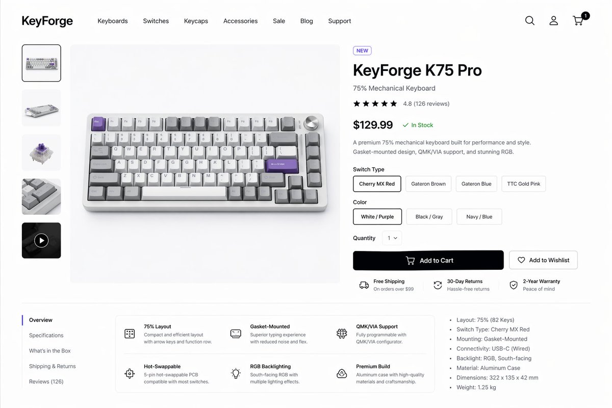 AI Prompt for E-commerce Product Page Design: Mechanical Keyboard Mockup