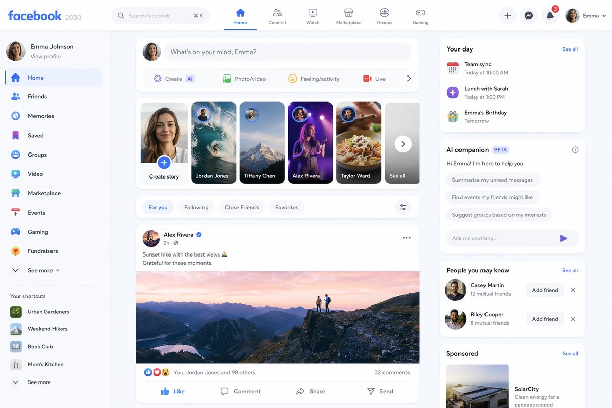 AI Prompt for Futuristic Web Design: Facebook 2030 UI Mockup