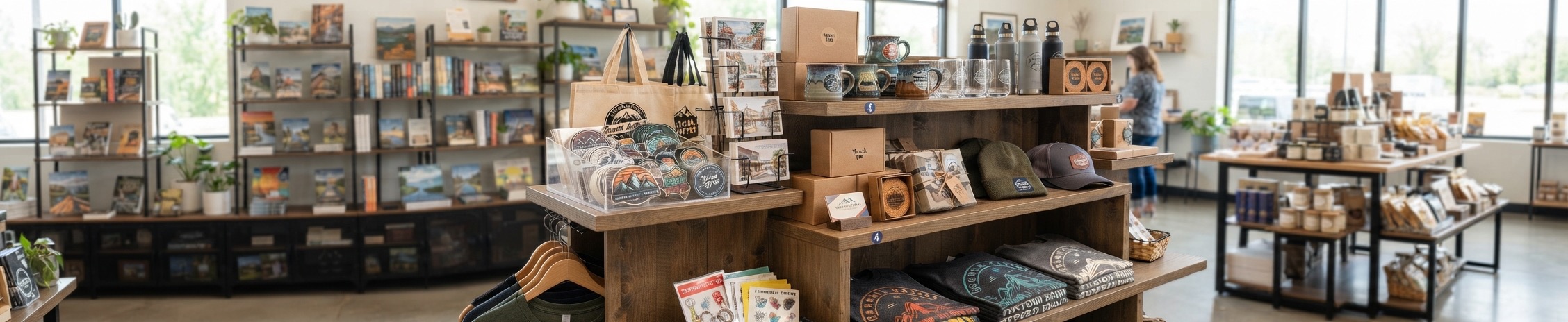 A gift shop with many custom printed products and a woman shopping.