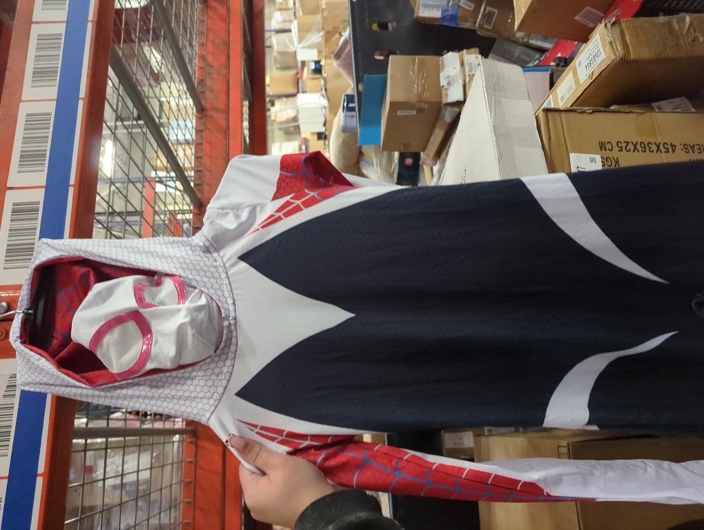 Size M MARVEL Spider-Gwen Official Adult Zentai Halloween Costume - Hooded Spandex Jumpsuit with Printed Design and Pull On Mask