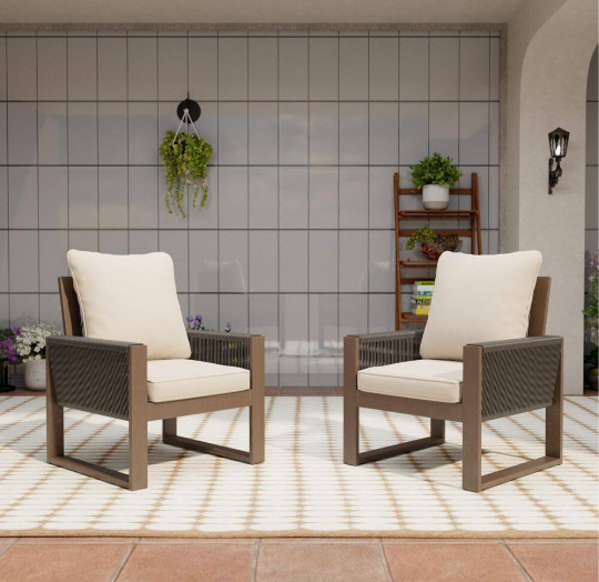 Outdoor Patio Wooden Lounge Chair with Beige Cushions and Square Frame (2-Pack)