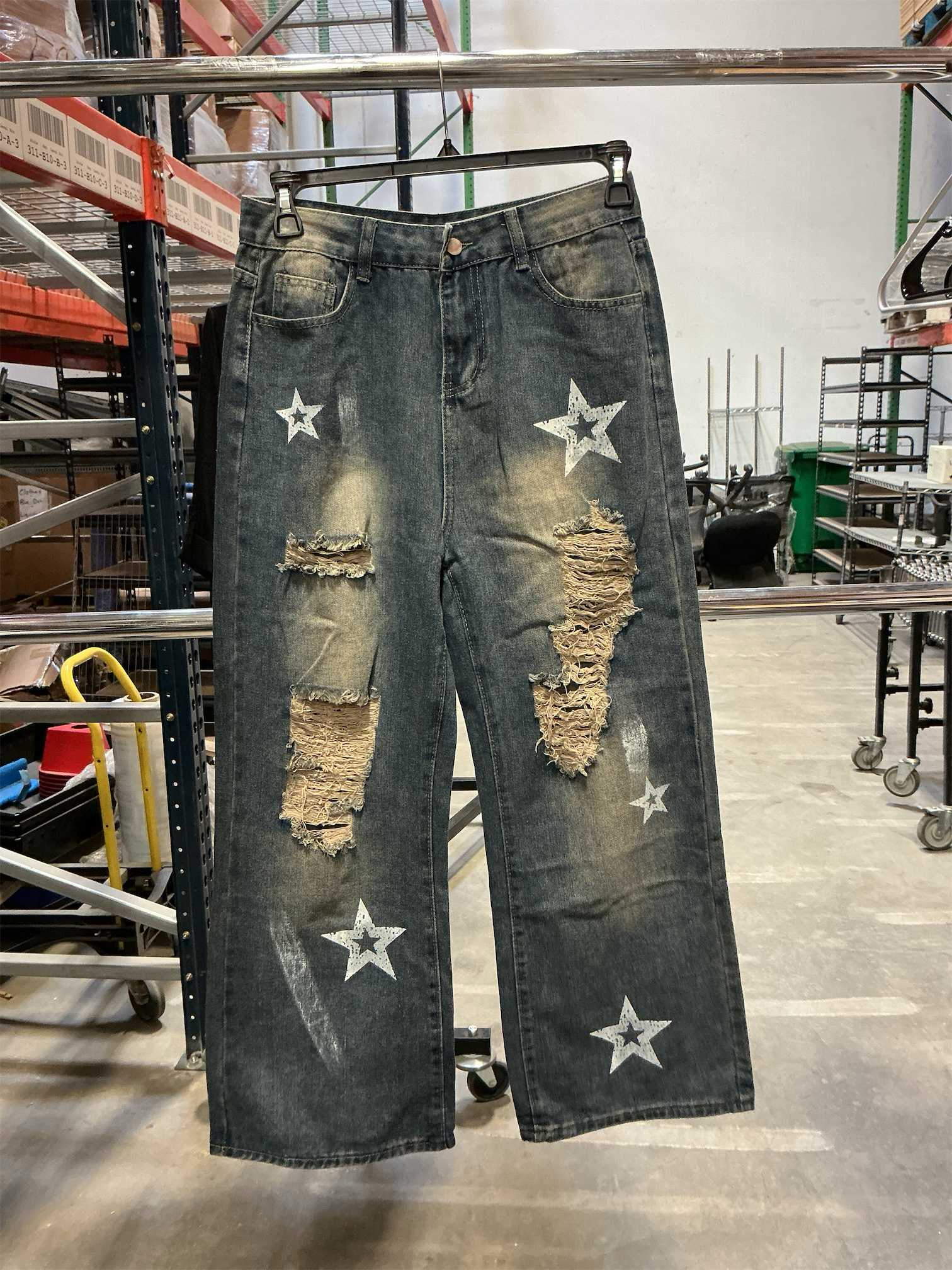 Size S/M Fashion Vintage High Waisted Baggy Wide Leg Ripped Jeans Y2K Star Washed Casual Straight Leg Denim Pants