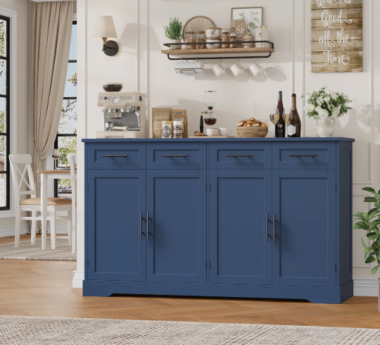 Wide Buffet Cabinet with Spacious Storage Cabinets, Modern 4-Drawer Blue