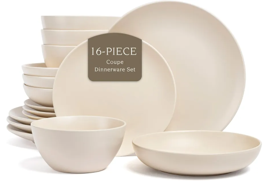over&back Coupe Dinnerware Set - Stoneware Dishes - Comes with 4 Dinner Plates, 4 Salad Plates, 4 Cereal Bowls, and 4 Dinner Bowls - 16-Piece All-Occasion Place Settings - Semi-Matte Ivory
