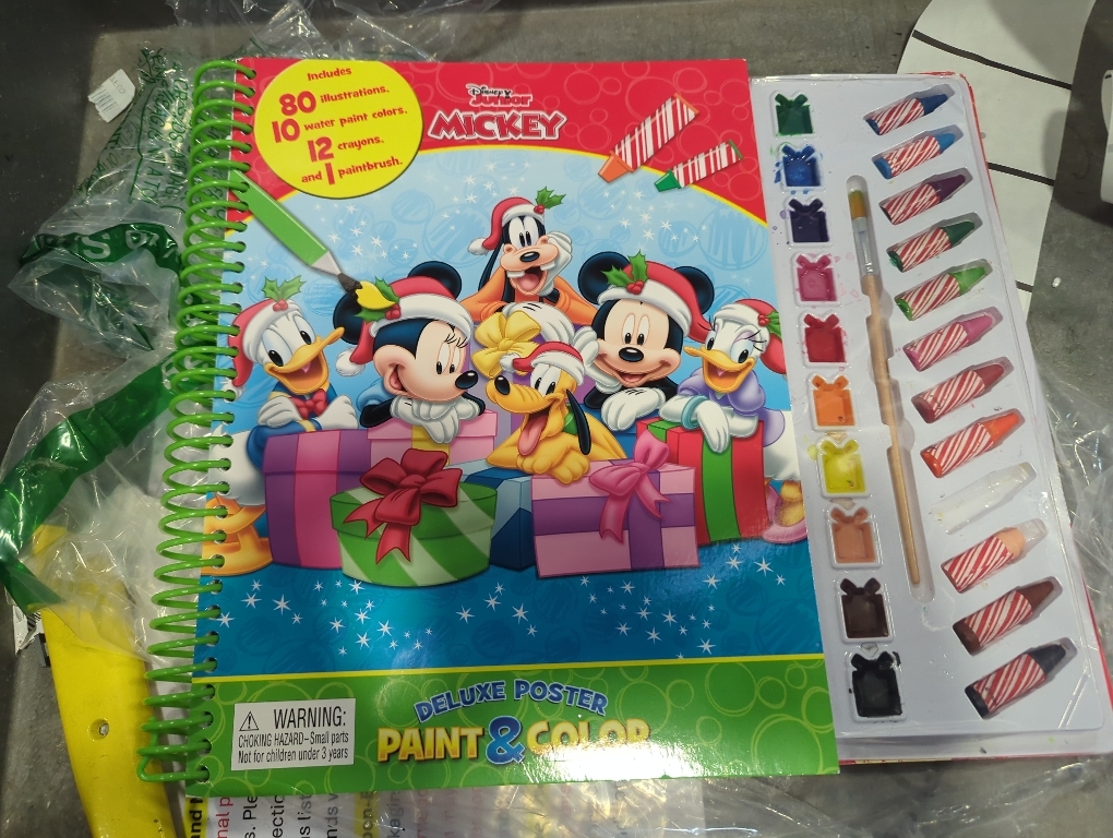 Disney Junior Mickey Christmas Deluxe Poster Paint & Color - Coloring Book for kids, 80 illustrations, 10 watercolor paints, 12 crayons, 1 paint brush