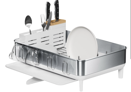NEW Simplehuman Stainless Steel Frame Dish Drying Rack White with Knife Block
