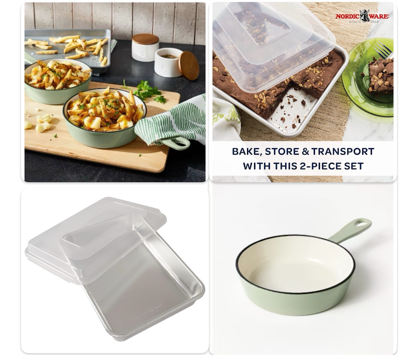 Nordic Ware Natural Aluminum Commercial Cake Pan with Lid, Rectangle Pan with Lid Silver, 9 x 13        6 Enameled Cast Iron Skillet Light Gray - Figmint™: Even-Heating, Oven-Safe, Hand Wash, Non-Induction Compatible Sage Green (item chipped)
