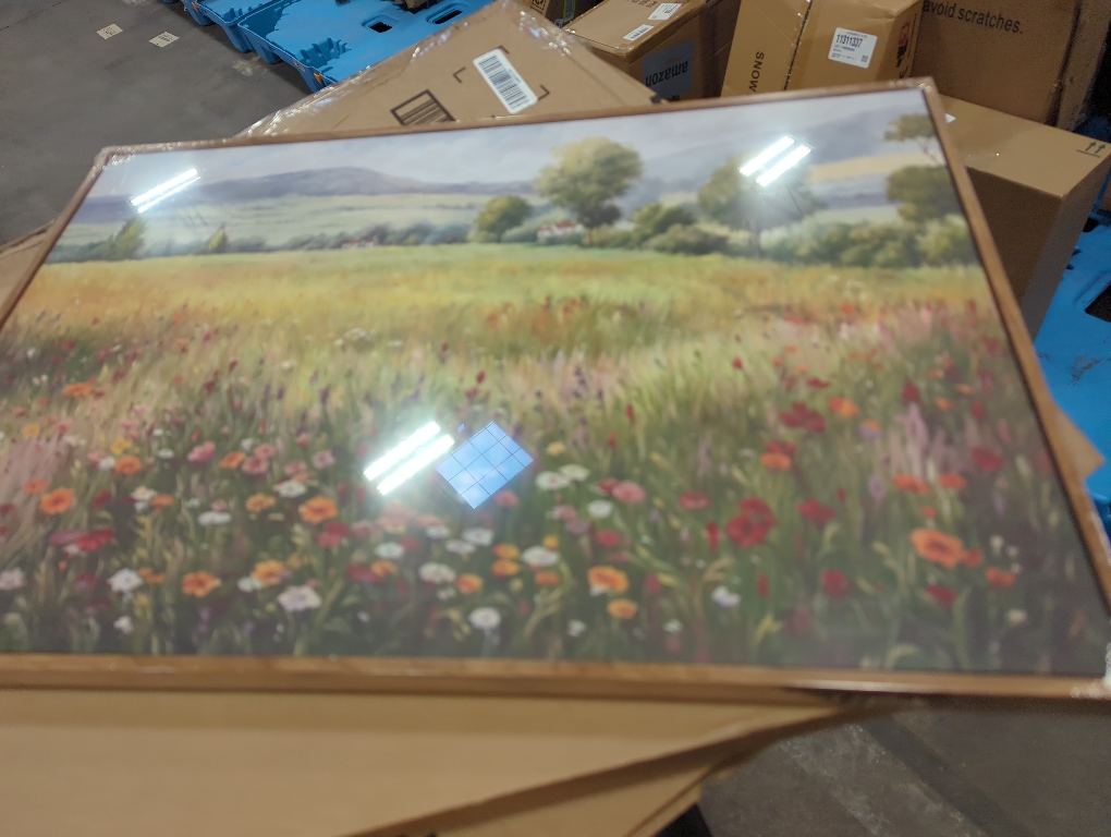 OIQArtOIQ Vintage Landscape Framed Wall Art Spring Countryside Colorful Wildflower Field Canvas Art Prints Farmhouse Cottagecore Pictures Wall Decor Rustic Meadow Paintings Artwork For Kitchen Bedroom