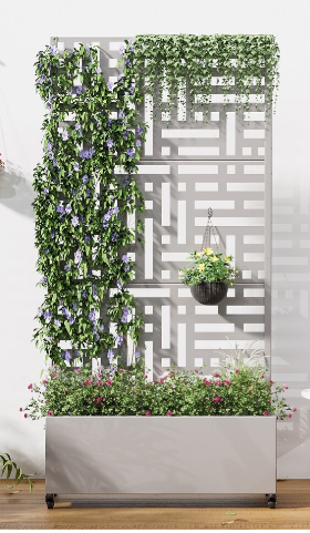 Gray Metal Planter Box with Trellis Privacy Screen Planter with Wheels Outdoor Raised Garden Bed