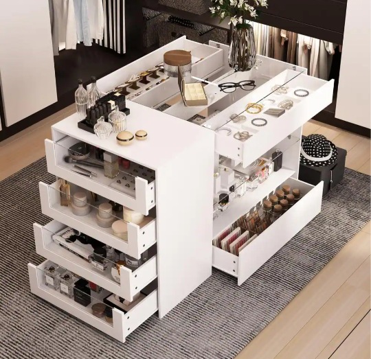 White Wood Free Standing 47.2 in. W Jewelry Armoire With Tempered Glass Top and 8-Drawers