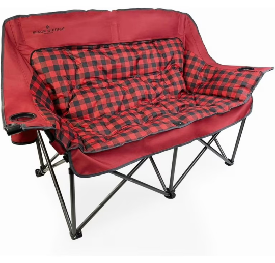 Double Camping Chair Padded Loveseat Camping Couch, Oversized 2 Person Camp Chairs with 2 in 1 Carry Bag, Heavy Duty Folding Lawn Chair Sofa with Cup Holders for Adults Patio Backyard Beach, red