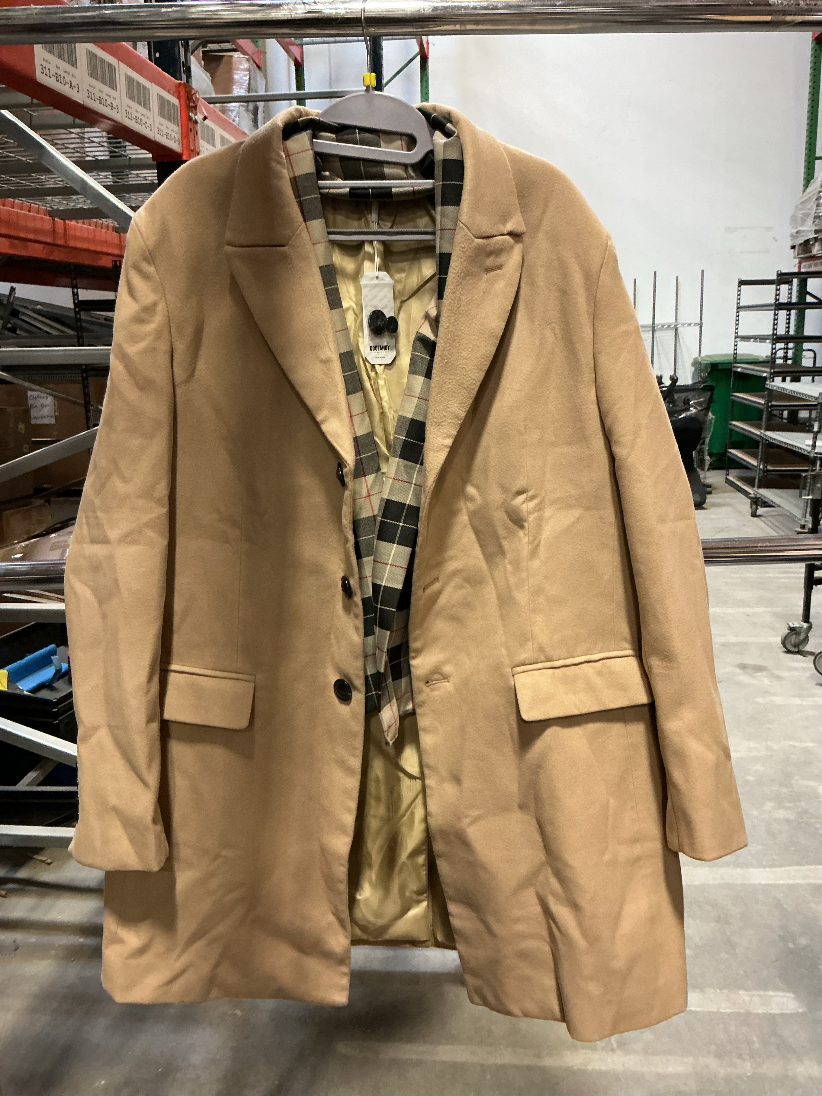 Size L COOFANDY Men's Wool Blend Coat with Detachable Plaid Scarfs Notched Collar Single Breasted Pea Coat Trench Overcoat